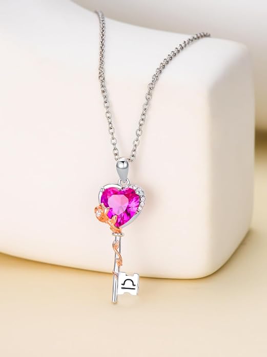 OCJ Zodiac Necklace for Women 925 Sterling Silver Rose Flower Key Pendant Necklaces Zodiac Birthstone Jewelry Wife Birthday Anniversary Christmas Gifts for Her