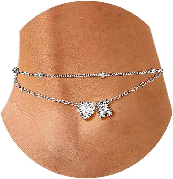 FindChic Silver/14K Gold Plated Layered CZ Initial Ankle Bracelet for Women | Waterproof Stainless Steel, Cubic Zirconia Letter Charm, Non-Tarnish, Hypoallergenic, Adjustable Extender, Summer Jewelry