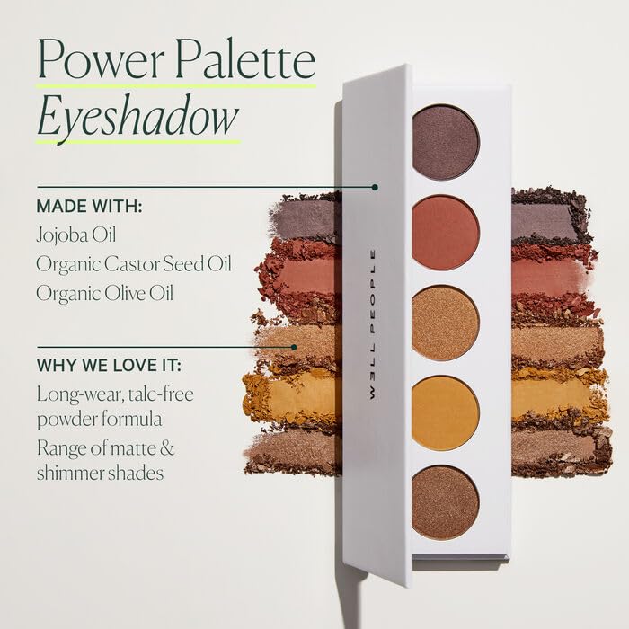 Well People Power Palette Eyeshadow, Five Long-wear, Hyper-pigmented Matte & Shimmer Shades For Intense Color, Vegan & Cruelty-free, Sepia