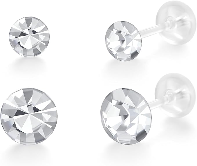 Plastic Post Earrings with 4MM & 6MM Cubic Zirconia Stud for Sensitive Skin, 2-Pair Mini & Big Lightweight Hypoallergenic Nickel-Free Studs for Metal Allergies