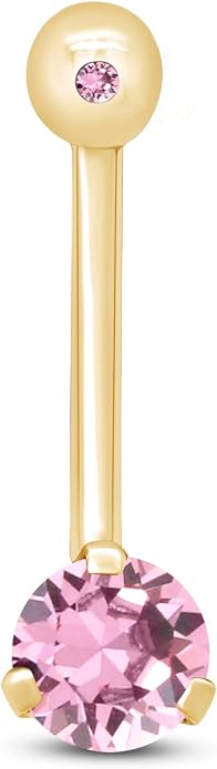 AFFY Internally Threaded Belly Button Navel Ring for Women, Three-Prong Round Simulated Birthstone in 14K Gold Over 925 Sterling Silver, Body Piercing Jewelry Gift