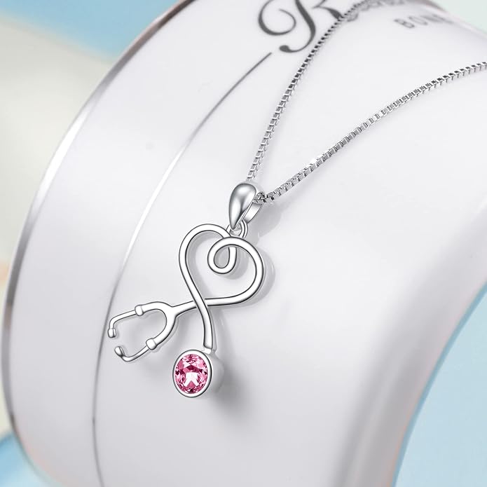 AOBOCO Stethoscope Necklace 925 Sterling Silver Embellished with 12 Months Birthstone Crystals from Austria, Graduation Gifts Medical Jewelry for Doctor Nurse Medical Student RN