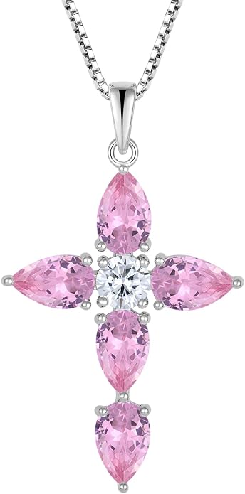 Cross Necklace for Women 925 Sterling Silver Teardrop Birthstone Pendant Religious Jewelry Gifts for Women