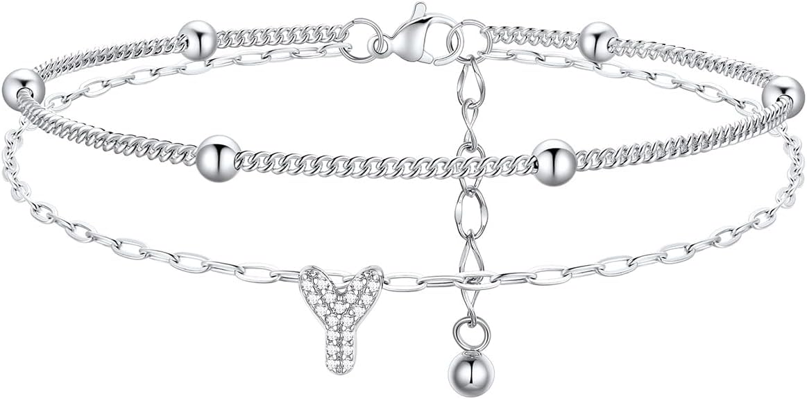 FindChic Silver/14K Gold Plated Layered CZ Initial Ankle Bracelet for Women | Waterproof Stainless Steel, Cubic Zirconia Letter Charm, Non-Tarnish, Hypoallergenic, Adjustable Extender, Summer Jewelry