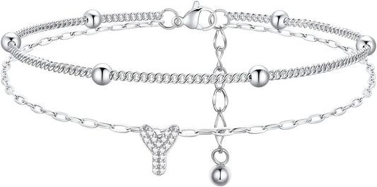 FindChic Silver/14K Gold Plated Layered CZ Initial Ankle Bracelet for Women | Waterproof Stainless Steel, Cubic Zirconia Letter Charm, Non-Tarnish, Hypoallergenic, Adjustable Extender, Summer Jewelry