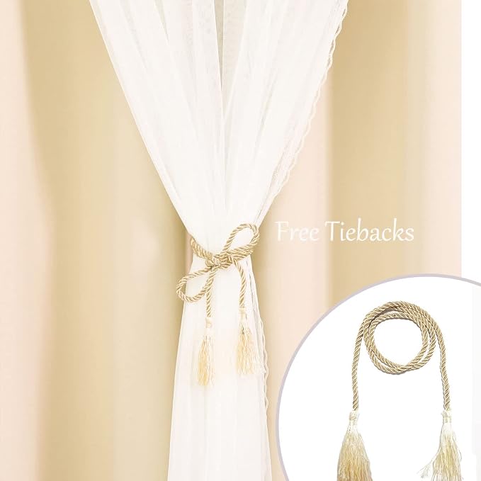 Beige Blackout Curtains 63 Inch Long, Double Layers Light Blocking Crushed Voile Sheer Overlap Drapes for Nursery and Girls Bedroom, Cortinas para sala (W52 x L63, Biscotti Beige, 2 PCs)