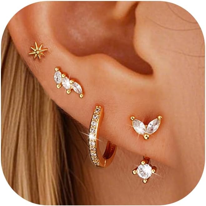 6 Pairs 14K Gold Plated Stud Earrings for Women, Hypoallergenic Cartilage Earrings for Multiple Piercing, Dainty Small Stackable Earrings Set for Jewelry Gift