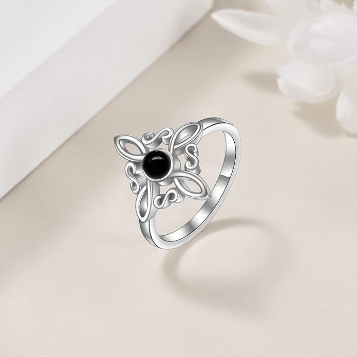 Witches Knot Rings 925 Sterling Silver Witch's Magical Knot Rings Black Onyx/Moonstone Pagan Jewelry Celtic Cross Jewelry for Women