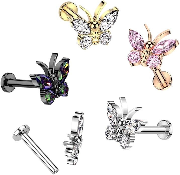 Pierced Owl 16GA ASTM F-136 Implant Grade Titanium Internally Threaded CZ Crystal Butterfly Flat Back Stud