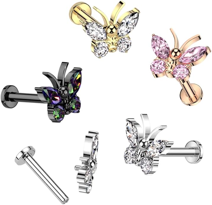 Pierced Owl 16GA ASTM F-136 Implant Grade Titanium Internally Threaded CZ Crystal Butterfly Flat Back Stud