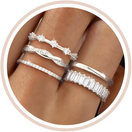 Stackable Silver/Gold Rings for Women Non Tarnish Trendy Dainty 14K Gold Plated Stacking Cubic Zirconia Thumb Ring Set Minimalist Promise Wedding Bands Engagement Rings for Women Size 6-10