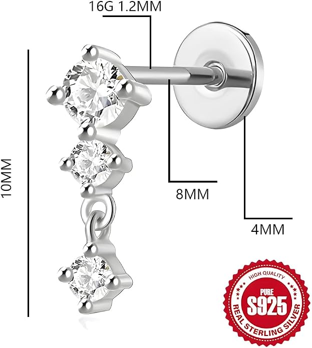 Sterling Silver 925 Flat Back Earring for Women 1PC 16G Helix Piercing Jewelry Dangle Cartilage Earring Internally Threaded Tragus Forward Conch Stud CZ Ear Ring 8mm Gifts
