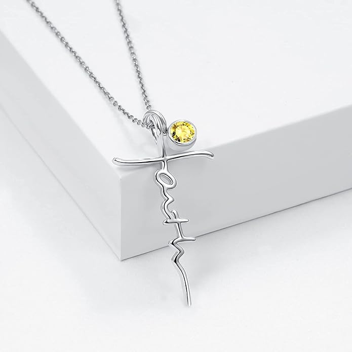 PRAYMOS Faith Cross Necklace for Women 925 Sterling Silver Pendant Necklace With Birthstone Initial Christian Religious Confirmation Baptism Mothers Day Gifts