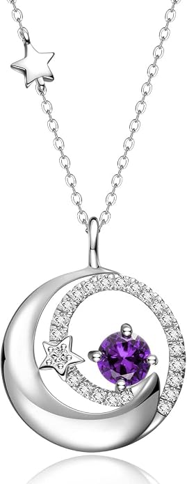 FANCIME Birthstone Necklaces 925 Sterling Silver Moon and Star Pendant Fine Jewelry Birthday Mothers Day Gifts for Mom Wife Her Daughter, Adjustable Chain 16+2"