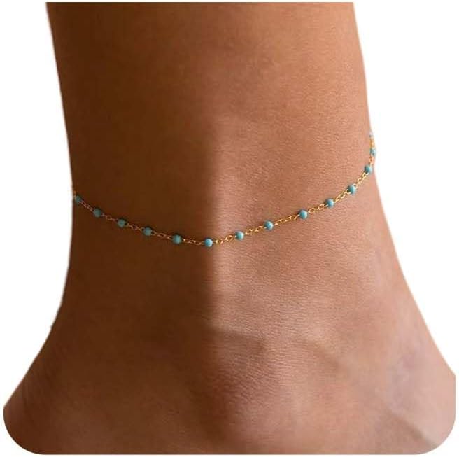 Dainty Ankle Bracelets for Women 18K Gold Plated Satellite Beaded Herringbone Lip Chain Anklets Simple Minimalist Summer Beach Foot Jewelry Christmas Gifts
