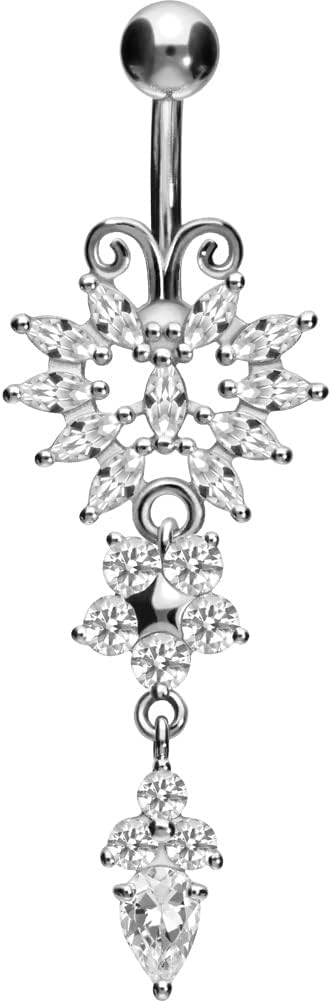 PIERCINGLINE surgical steel dangle belly button piercing with butterfly and flower - belly button ring surgical steel, gold, silver, rosegold piercing - new version with improved durability