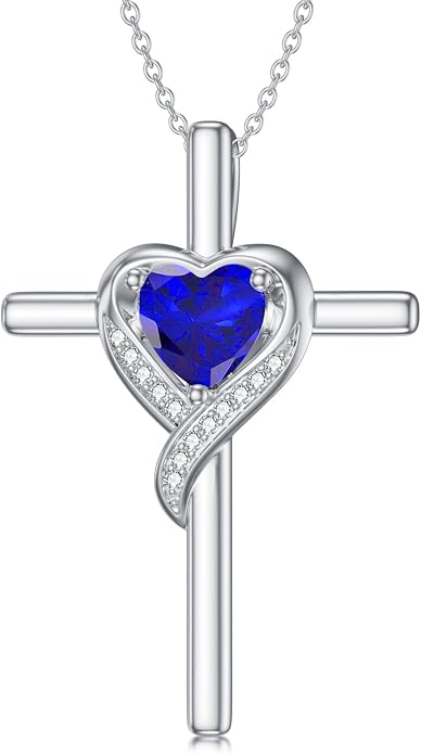TOUPOP Birthstone Cross Necklace for Women 925 Sterling Silver Heart Cross Pendant Necklace Mothers Day Birthday Jewelry Gifts for Mom Wife Her
