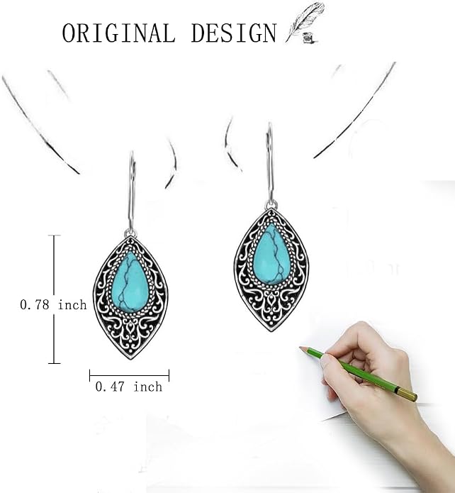 Turquoise Earrings for Women Sterling Silver Dangle Earrings Filigree Jewelry Drop Leverback Mothers Day Gift