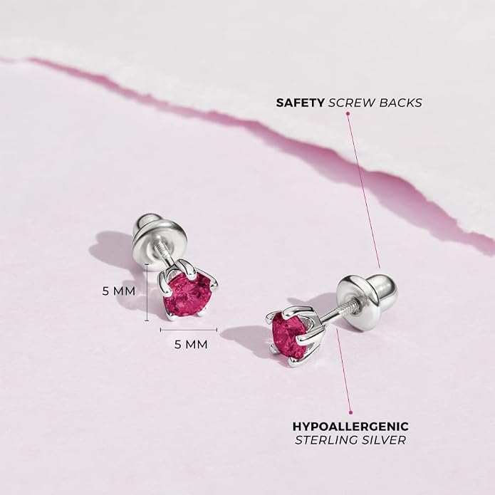In Season Jewelry Solitaire Simulated Birthstone Kids Earrings - 925 Sterling Silver Hypoallergenic Earrings for Girls with Secure Screw Backs - Safe & Comfortable for Kids & Little Girls