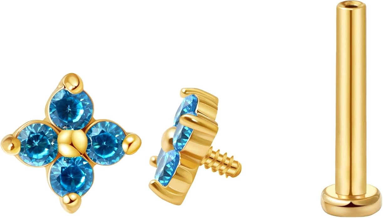FANSING CZ Flower Internally Threaded Flat Back Earring Labret Stud for Cartilage Tragus Helix Conch