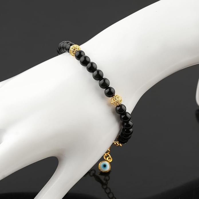 AAA Grade Natural Gemstone Beaded Bracelet, 14K Gold Plated with Evil Charm, Wicca & Reiki Healing Crystals, Handmade Bohemian Jewelry, Christmas Gift for Women (7+1inch)