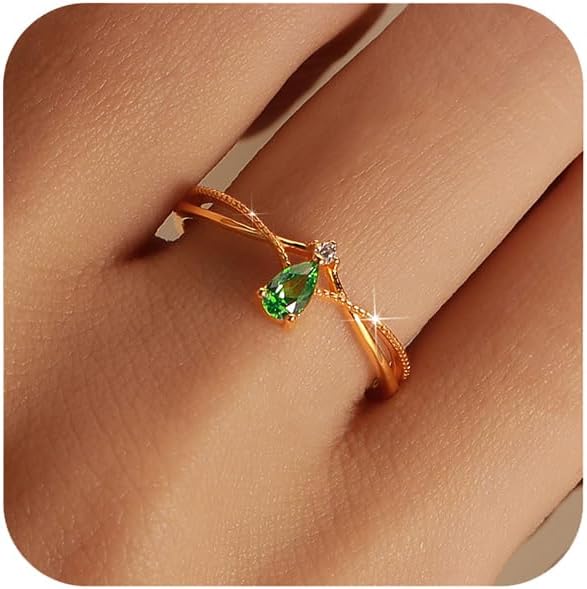 925 Sterling Silver Birthstone Ring for Women Non Tarnish Stackable Ring 14K Gold Plated Pear Teardrop Green Cubic Zirconia Crown V Engagement Promise Rings Wedding Graduation Jewelry Gifts