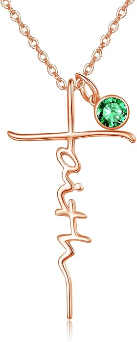 PRAYMOS Faith Cross Necklace for Women 925 Sterling Silver Pendant Necklace With Birthstone Initial Christian Religious Confirmation Baptism Mothers Day Gifts