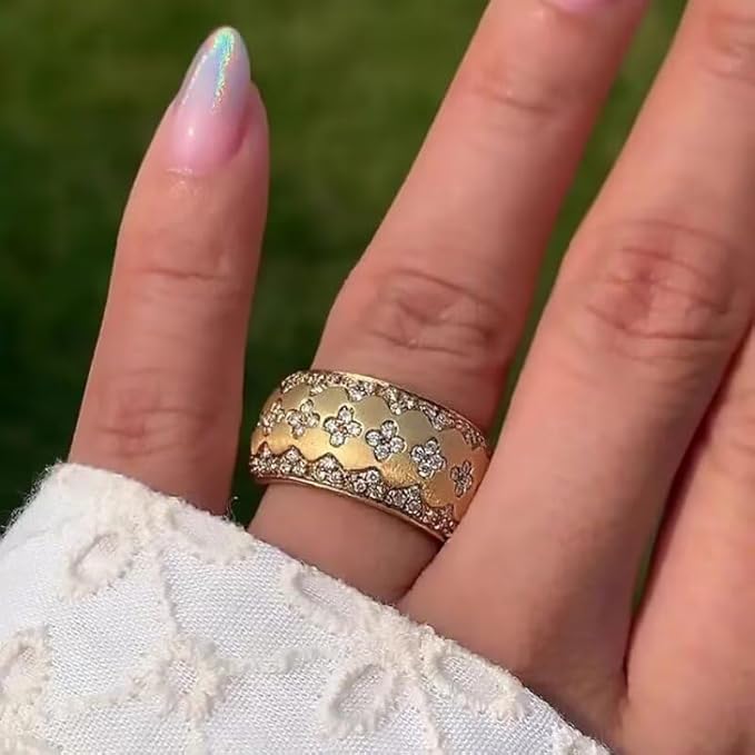18K Gold Italian Handcrafted Brushed Buccellati-Style Ring – Luxury Four-Leaf Clover Diamond-Cut Zirconia Ring for Women, Elegant Vintage Royal Jewelry Size 10