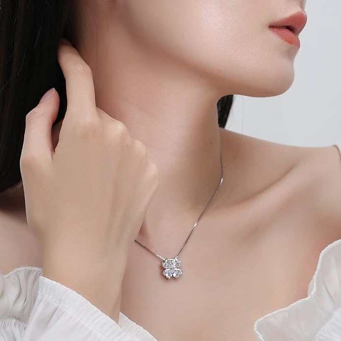JIANGXIN Colorful Birthstone 925 Sterling Silver Handmade Pendant Necklace for Women Lucky Four Leaf Clover Plant Shamrock Jewelry Rhodium Plated