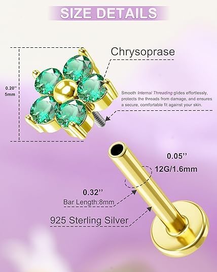 Chrysoprase Moonstone 925 Sterling Silver Hypoallergenic Flat Back Stud Earring Internally Threaded 16G 8mm Fine Piercing Jewelry for Helix Tragus Conch Cartilage Lip