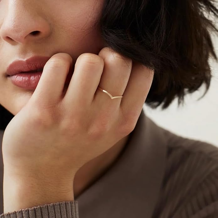 Kainier 2pairs Stacking Rings for Women 1mm 14K Gold Plated CZ V-Shaped Wavy Band Thin Pinky Thumb Stackable Ring Set Dainty Non Tarnish Comfort Fit Size 5 to 10