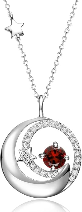 FANCIME Birthstone Necklaces 925 Sterling Silver Moon and Star Pendant Fine Jewelry Birthday Mothers Day Gifts for Mom Wife Her Daughter, Adjustable Chain 16+2"