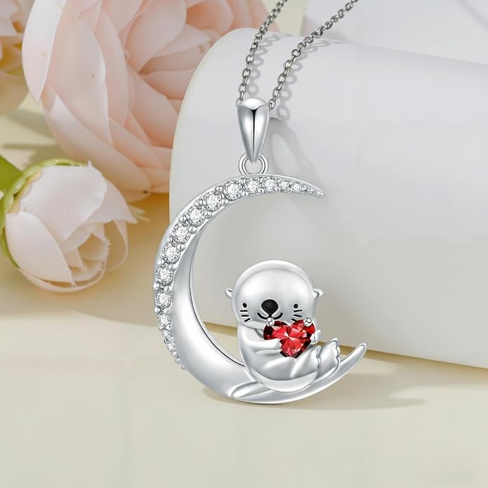 PROESS Animal Birthstone Necklace 925 Sterling Silver Otter/Axolotl/Hippo/Elephant/Dachshund/Monkey/Red Panda Pendant Necklace Animal Birthstone Jewelry Gifts for Women