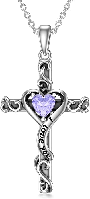 TOUPOP Cross Birthstone Necklace for Women 925 Sterling Silver Heart Cross Pendant I Love You Jewelry Anniversary Birthday Mothers Day Gifts for Mom Wife Her