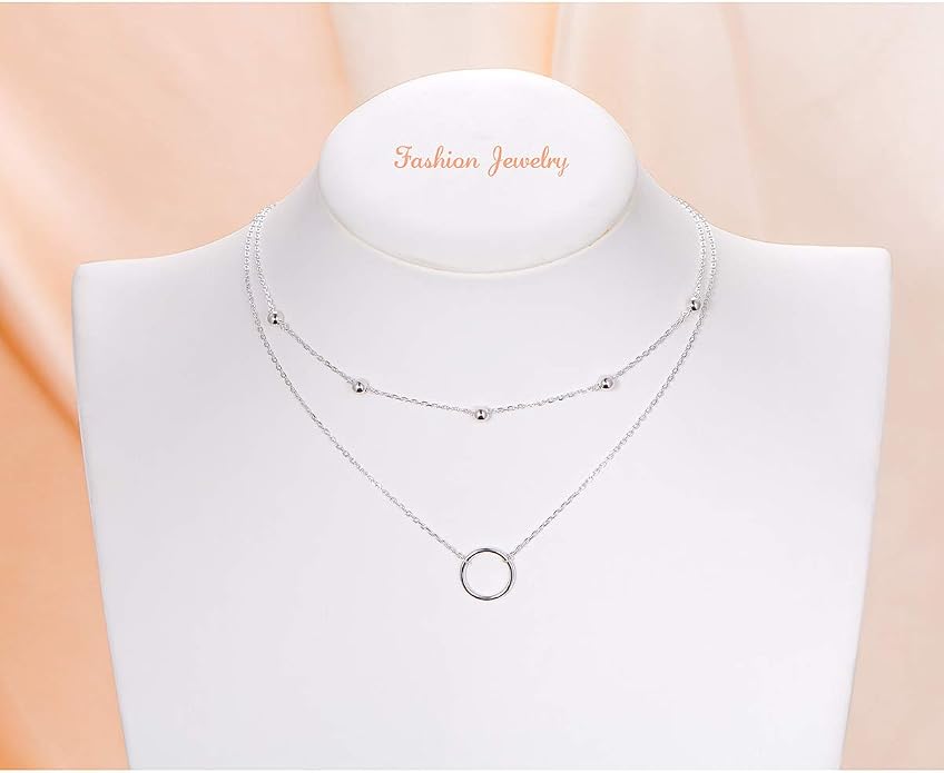 Layered Choker Necklaces for Women S925 Sterling Silver Circle/Heart/Cross/Star Multi Layered Necklace Handmade Bead Chain Adjustable Jewelry for Birthday