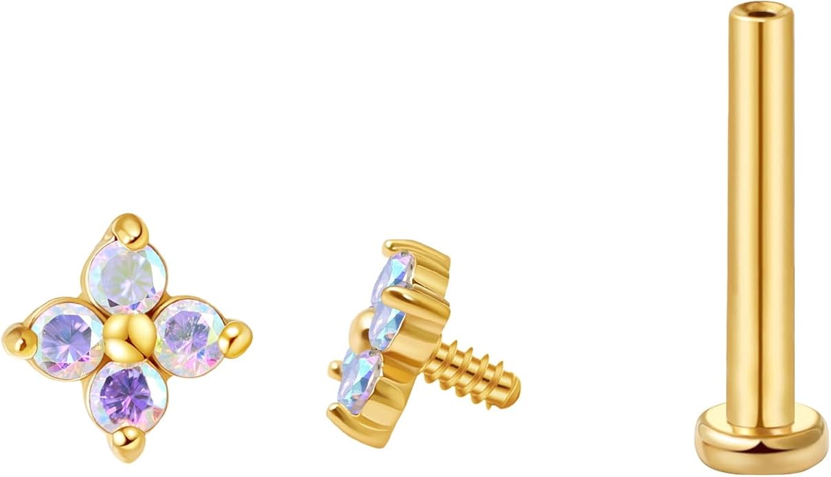 FANSING CZ Flower Internally Threaded Flat Back Earring Labret Stud for Cartilage Tragus Helix Conch