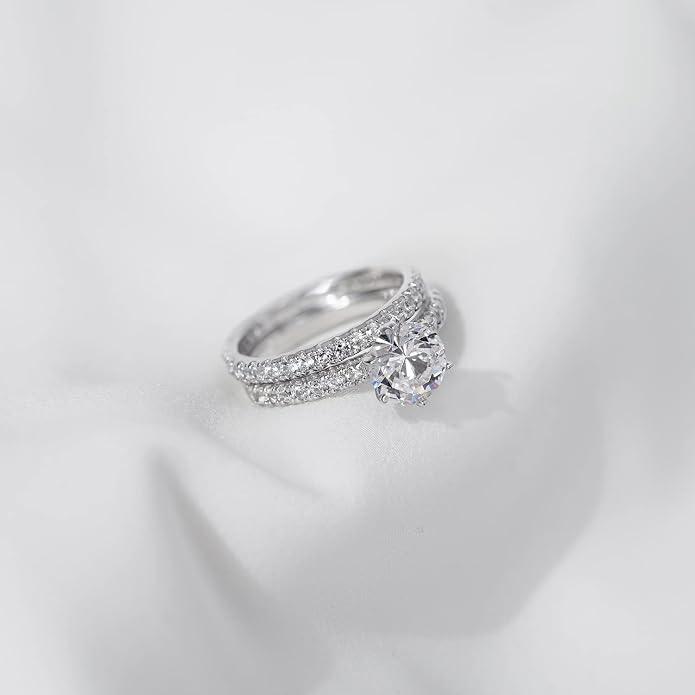 Amazon Essentials Platinum or Gold Plated Sterling Silver Round Ring Set made with Infinite Elements Zirconia