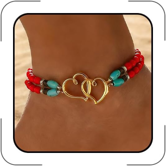 Elastic Beaded Ankle Bracelets for Women Double Heart Layered Stretch Ankle Bracelets Waterproof Dainty Boho Beaded Anklets for Summer Beach Foot Jewelry