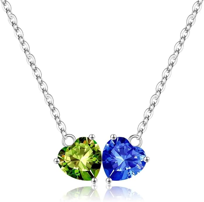 Iefil 1.25Ct Double Heart Birthstone Necklace - 925 Sterling Silver Birthstone Necklace, Birthday Gifts for Women, Jewelry Gifts for Mom Daughter Wife