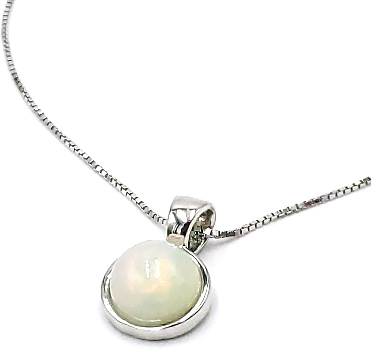 Natural gemstone 8mm round pendant with white gold over 925 sterling silver bezel cabochon plate and box chain, real genuine dainty birthstone gift for her, uniquelan jewelry