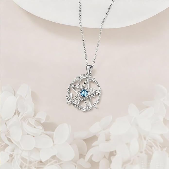 Birthstone Pentagram Necklace for Women 925 Sterling Silver Pentacle Daisy Pendant Pentacle Jewelry Birthday Gifts