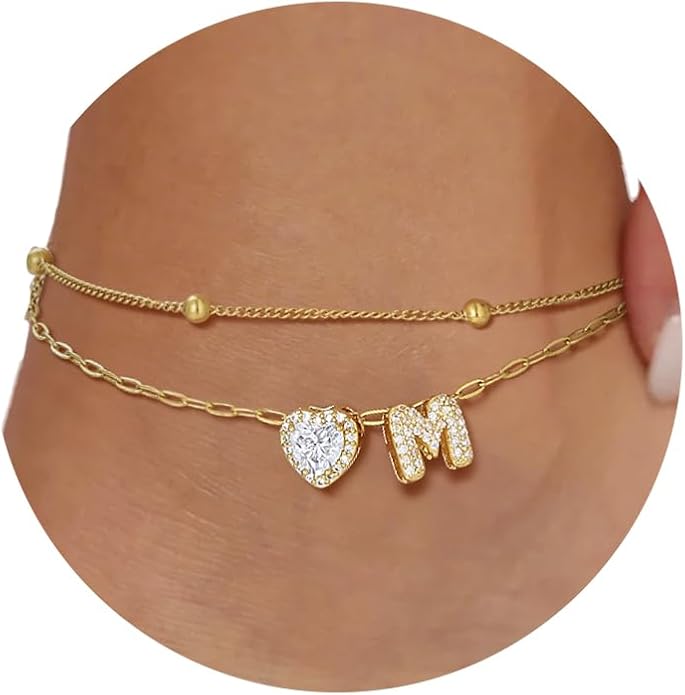 FindChic Silver/14K Gold Plated Layered CZ Initial Ankle Bracelet for Women | Waterproof Stainless Steel, Cubic Zirconia Letter Charm, Non-Tarnish, Hypoallergenic, Adjustable Extender, Summer Jewelry