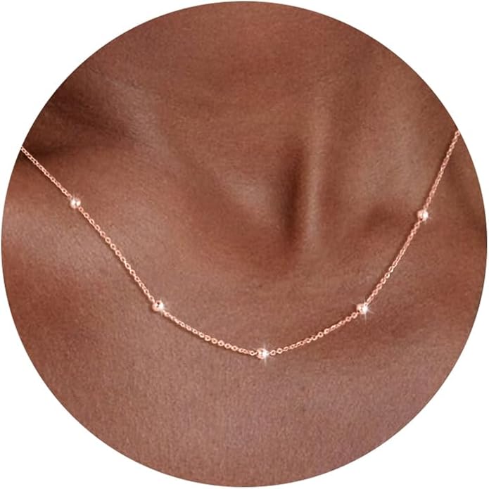 Carffordo 925 Sterling Silver Chain Necklace 16K Gold Plated Beaded Chain Necklace for Women Simple Dainty Choker Necklace Satellite Waterproof Link Necklace Trendy Jewelry Gifts