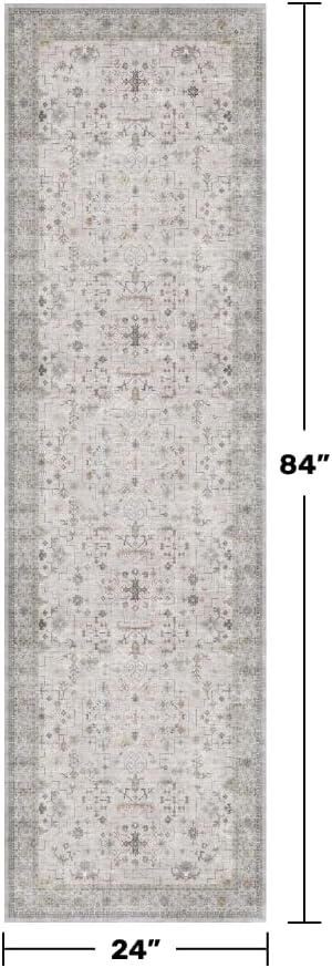 Hazo Haus Washable 2x7 Runner Rug for Bathroom, Vintage Boho Light Gray & Sage Runner Rug for Hallway, Kitchen, Door Mat Indoor Entrance, Bedroom Beside Bed, Non-Slip Low-Pile Stain Resistant
