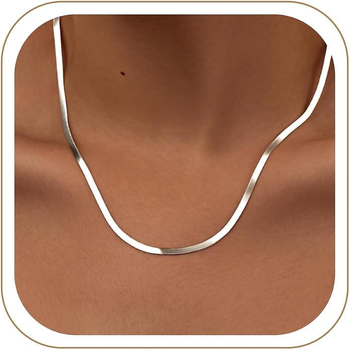 WomenGifts 14K Gold Silver Plated Herringbone Necklace for Women, Dainty Snake Chain Choker, Trendy Simple Long Layered Jewelry Non Tarnish, 3/4/5/8mm,14,16,18,20,22,24,26 Inch Thin & Chunky Options