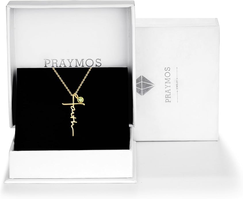 PRAYMOS Faith Cross Necklace for Women 925 Sterling Silver Pendant Necklace With Birthstone Initial Christian Religious Confirmation Baptism Mothers Day Gifts