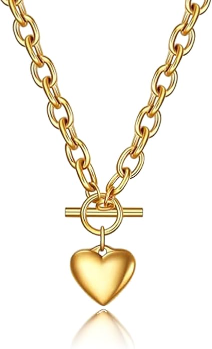 18k Gold/Silver Plated Tiny Heart Chain Link Necklace for Women Dainty Heart Pendant Chain Necklace Chunky Paperclip Choker Necklace for Women Trendy Jewelry Valentines Day Gifts for Women