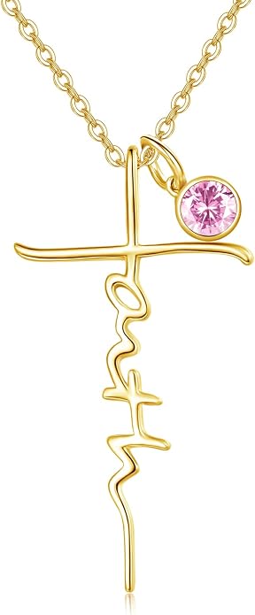 PRAYMOS Faith Cross Necklace for Women 925 Sterling Silver Pendant Necklace With Birthstone Initial Christian Religious Confirmation Baptism Mothers Day Gifts