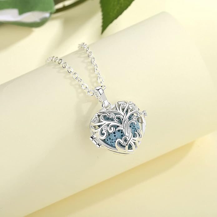 INFUSEU Tree of Life Pendant Aromatherapy Necklace for Women Essential Oil Diffuser Jewelry Healing Lava Rock Stone Heart Spiritual Gifts Items for Meditation Yoga Aroma Perfume