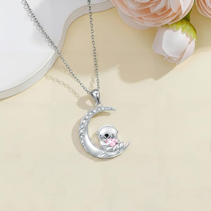 PROESS Animal Birthstone Necklace 925 Sterling Silver Otter/Axolotl/Hippo/Elephant/Dachshund/Monkey/Red Panda Pendant Necklace Animal Birthstone Jewelry Gifts for Women